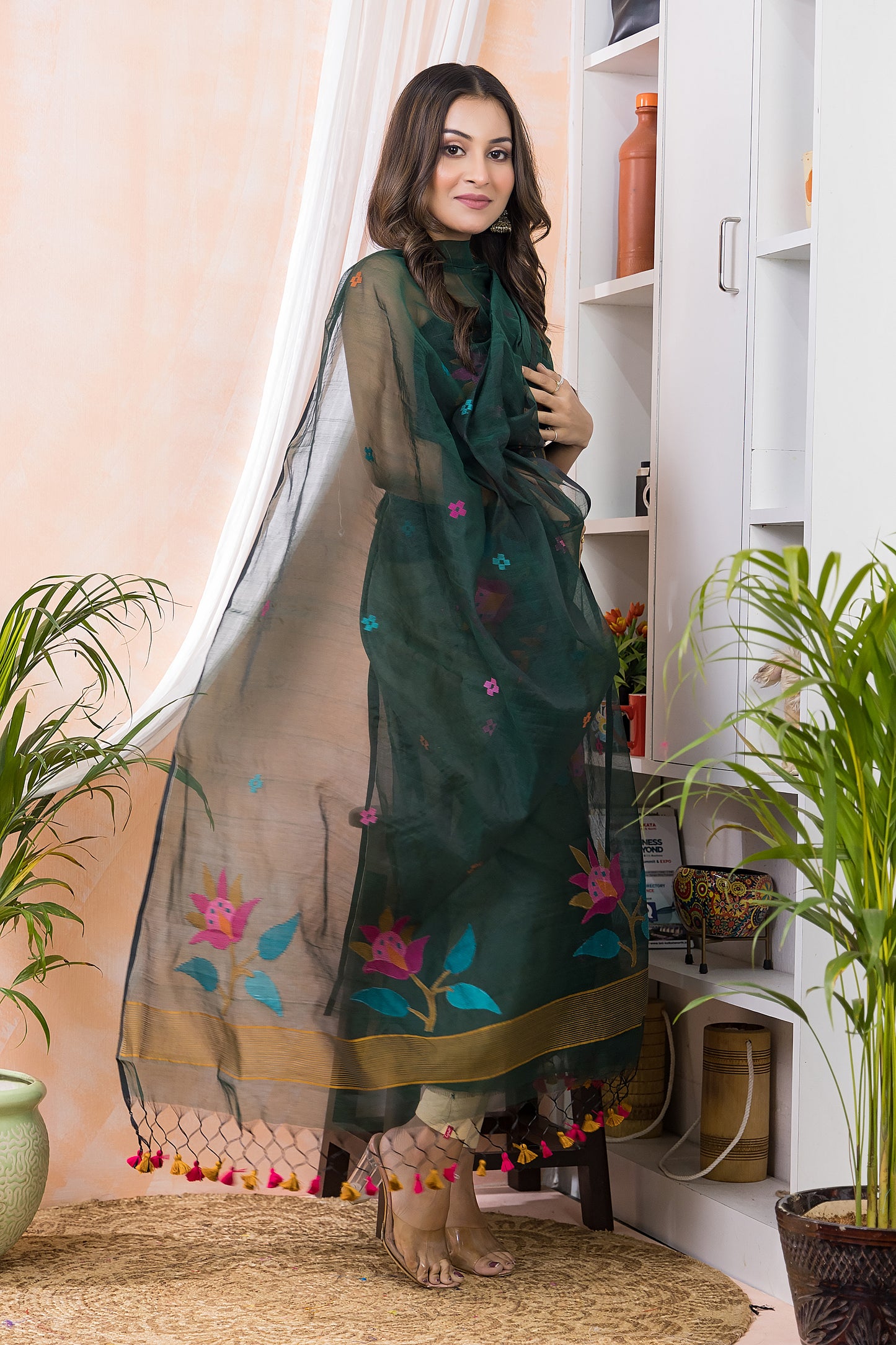 Pine Green Muslin Jamdani 2-Piece Set Kurti & Dupatta (UNSTITCHED) -463