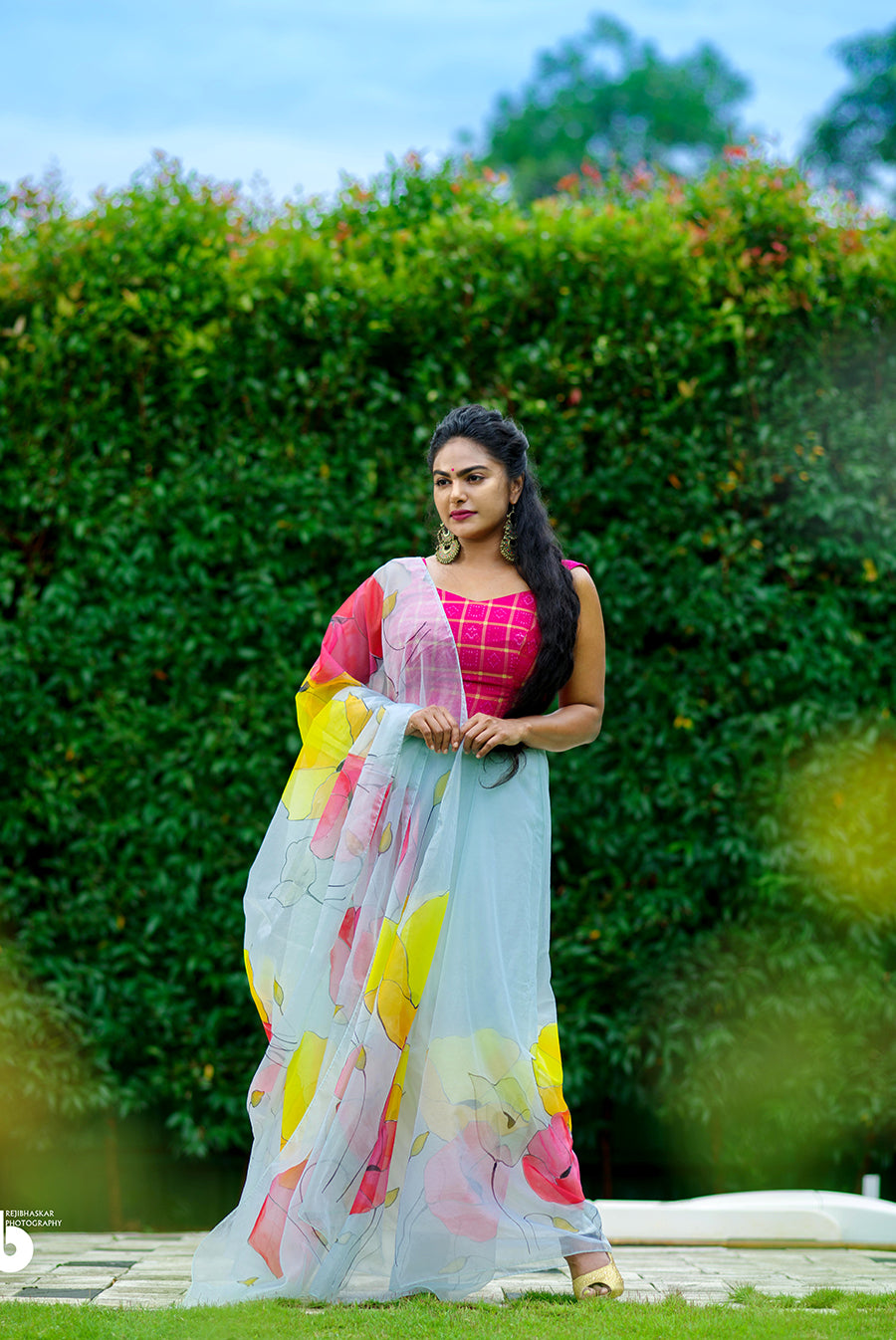 Ivory White with Multi Color Floral-Organza Hand-painted Saree-015