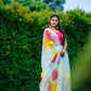 Ivory White with Multi Color Floral-Organza Hand-painted Saree-015