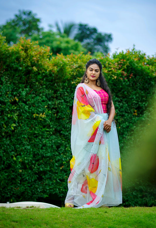 Ivory White with Multi Color Floral-Organza Hand-painted Saree-015