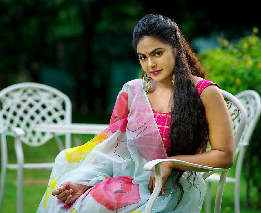 Ivory White with Multi Color Floral-Organza Hand-painted Saree-015