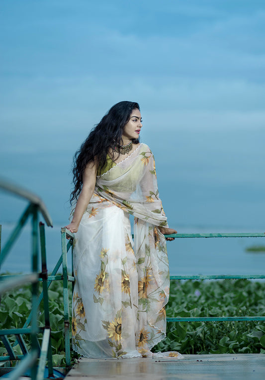 Ivory White With Sunflower Floral- Organza Hand-painted Saree-013