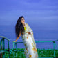 Ivory White With Sunflower Floral- Organza Hand-painted Saree-013