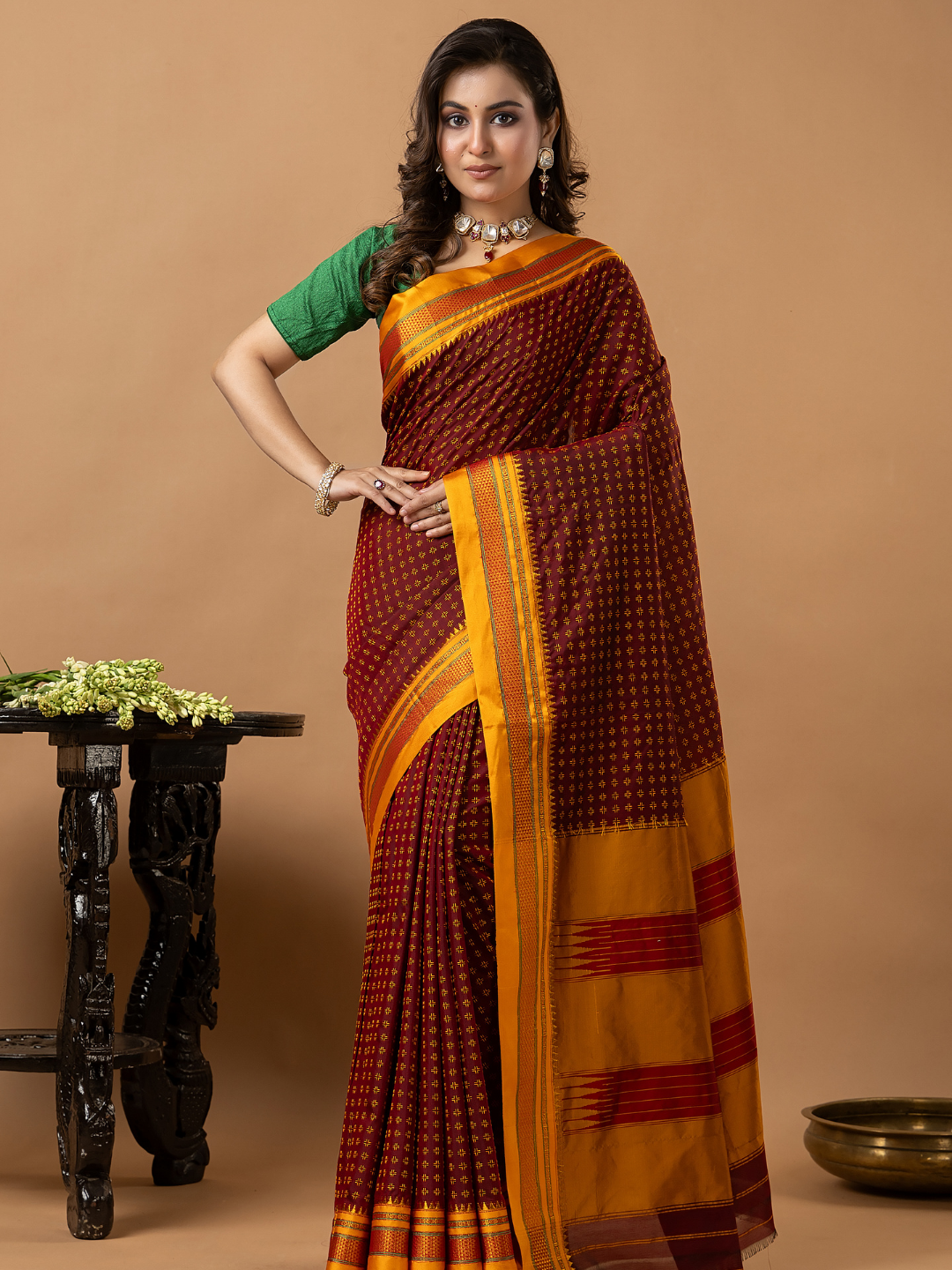 Traditional Ilkal Viscose Saree | Brick Maroon