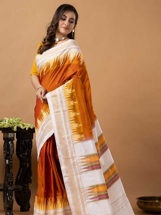 Traditional Ilkal Viscose Saree | Ivory And Burnt Orange