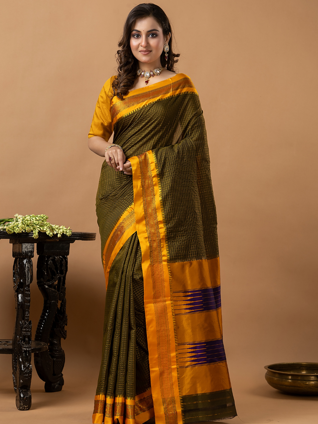 Traditional Ilkal Viscose Saree | Dark Olive Green
