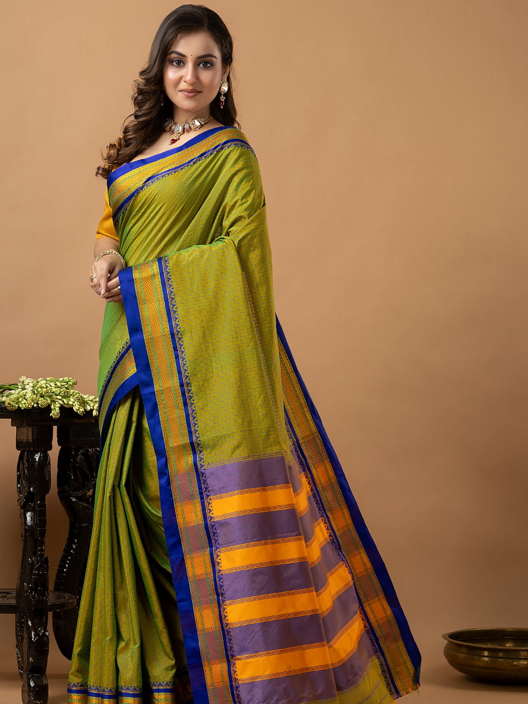 Traditional Ilkal Viscose Saree | Lime Olive Green