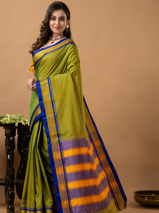 Traditional Ilkal Viscose Saree | Lime Olive Green