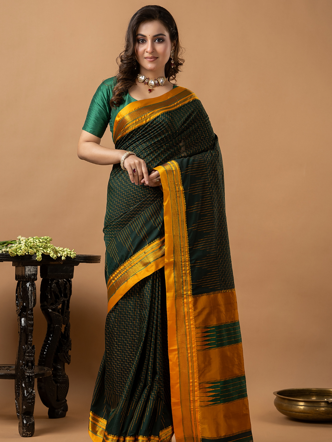 Traditional Ilkal Viscose Saree | Dark Forest Green