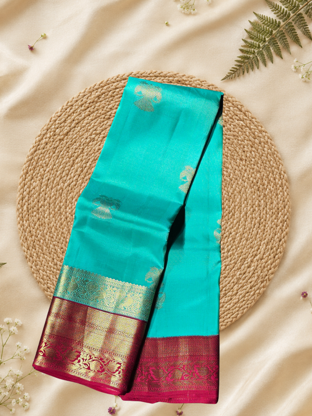Indeloom's Turquoise Traditional Kanjivaram Semi Silk Sarees