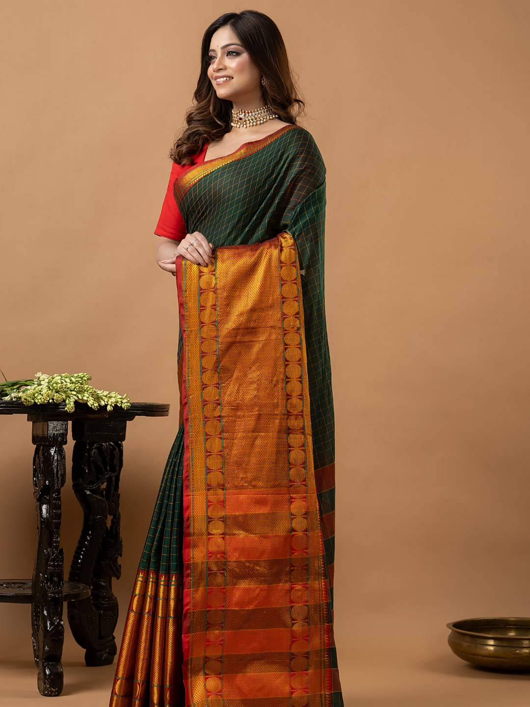 Traditional Narayanpet Cotton Saree | Dark Green