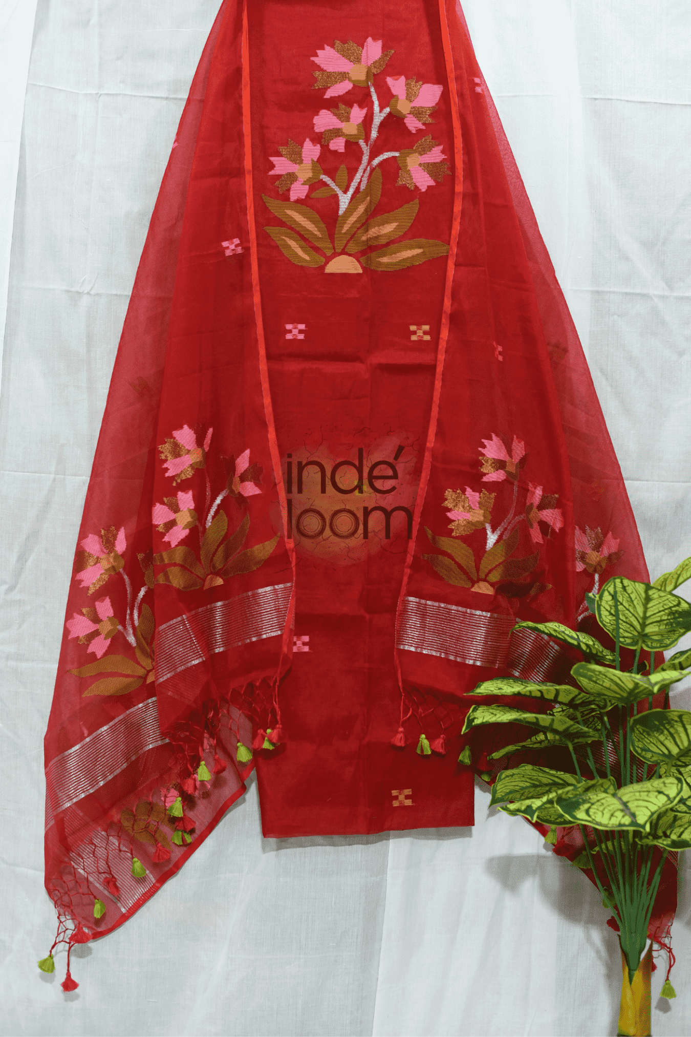 Muslin Jamdani 2-Piece Set Kurti & Dupatta (UNSTITCHED) - Red - 094