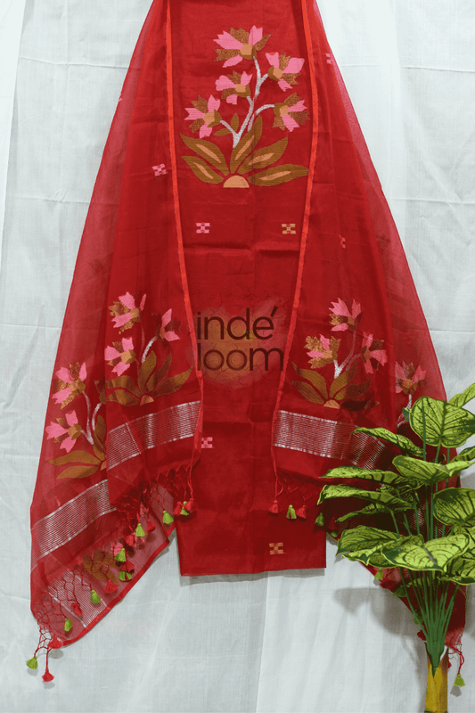 Handwoven Jamdani Muslin Unstitched 2-piece Kurti  |  Classic Red