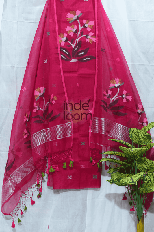 Muslin Jamdani 2-Piece Set Kurti & Dupatta (UNSTITCHED) - Maroon Red - 111