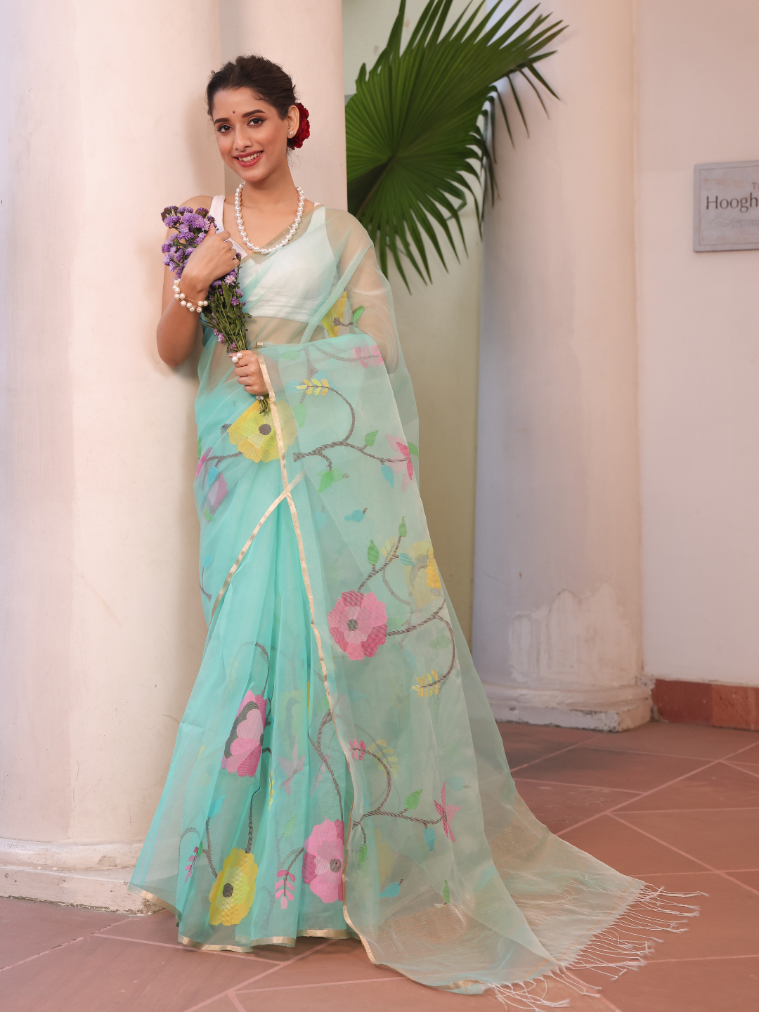 Baby Blue Pure Hand Made Jamdani Saree - 098