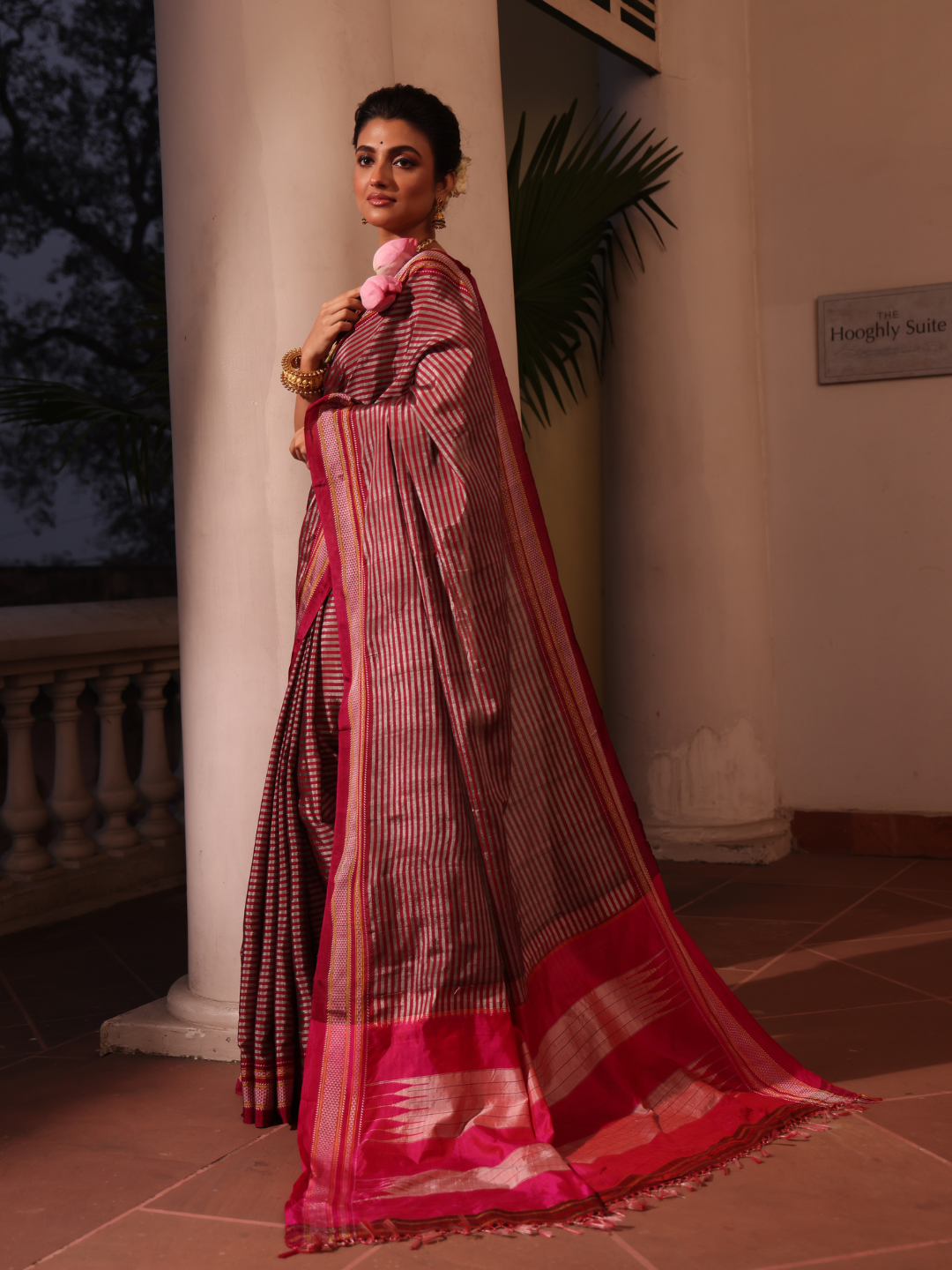 Ilkal Saree in Pink and White stripes - 005