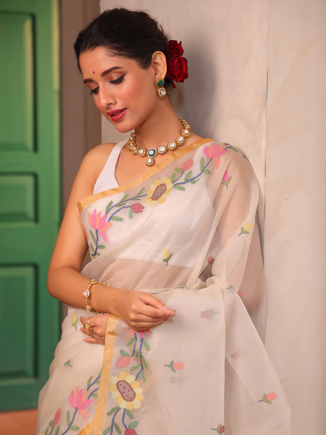 Handwoven Pure Jamdani Muslin Saree  |  Warm Ivory