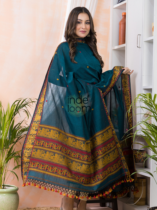 Deep Cyan | Handloom Jamdani Muslin Unstitched 2-Piece Kurti | Baluchari Design