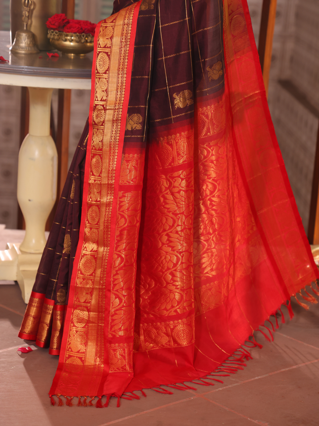 Pure Handloom Korvai Saree | Dark Brown and Golden Red