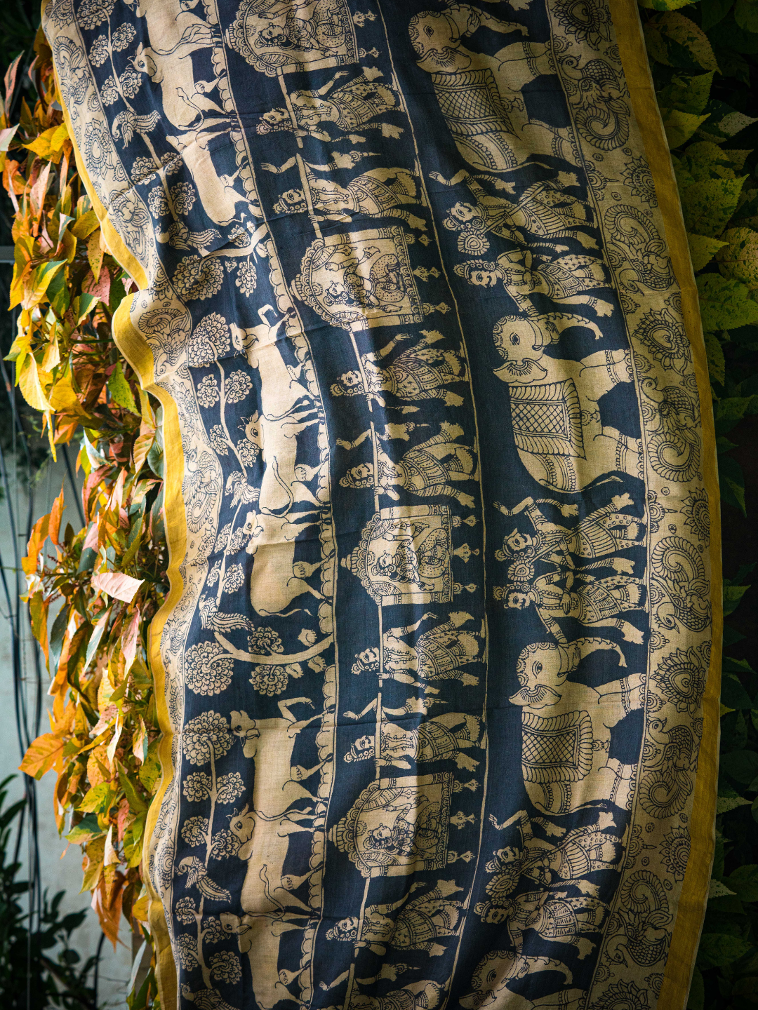 Traditional Handpainted Pen Kalamkari Tussar Silk Saree  |  Navy Blue