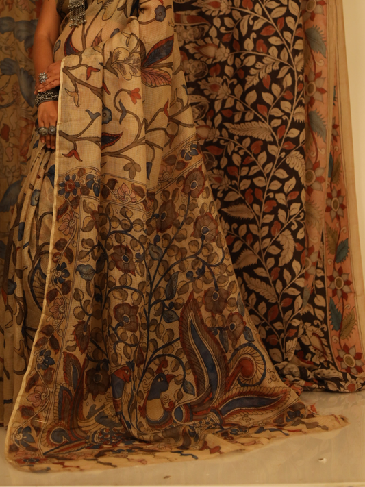 Traditional Handpainted Pen Kalamkari Tussar Silk Saree  |  Warm Beige