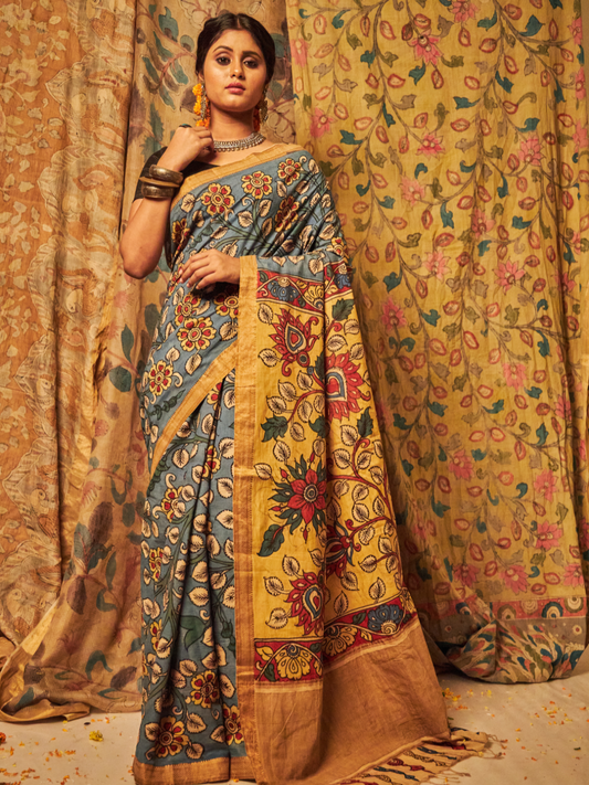 Traditional Handpainted Pen Kalamkari Tussar Silk Saree  |  Sky Blue