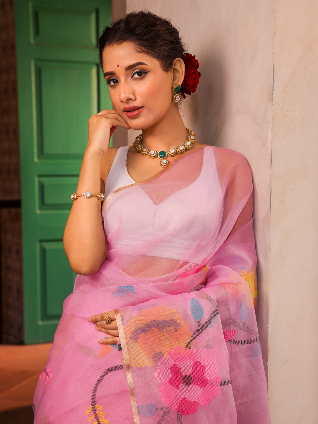 Rose Pink Pure Hand Made Jamdani Saree - 100