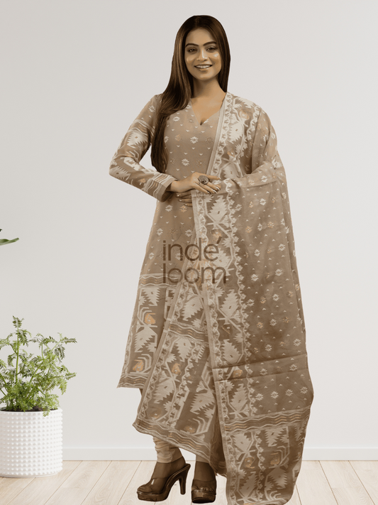 Wood Brown Cotton Silk Jamdani 2-Piece Set Kurti & Dupatta (UNSTITCHED) - 378