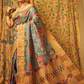 Sky Blue Lotus Floral Tussar Kalamkari Saree-018