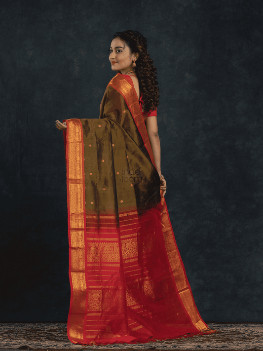 Pure Handloom Korvai Silk Cotton Saree in Forest Green And Golden Red Border with small buttas - 157
