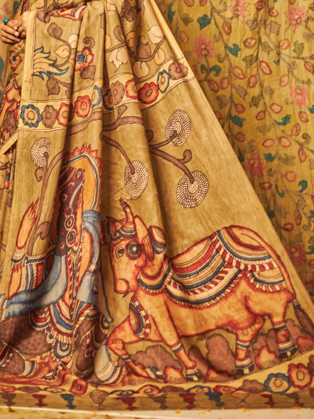 Traditional Handpainted Pen Kalamkari Tussar Silk Saree  |  Honey Yellow