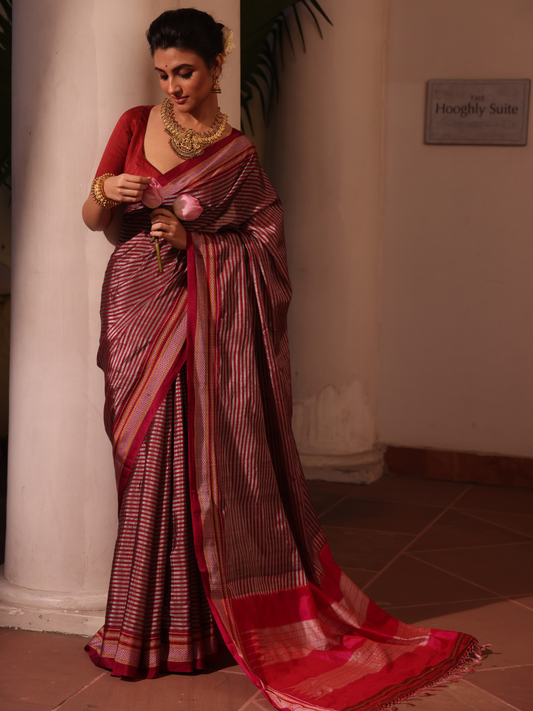 Ilkal Saree in Pink and White stripes - 005