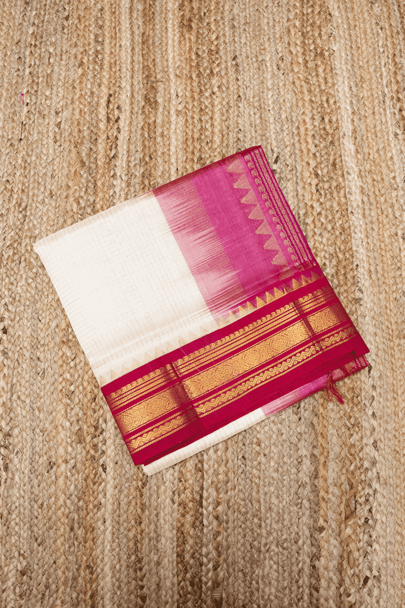 Pure Handloom Korvai Silk Cotton Saree in Rich Cream and Red Border with small Zari checks - 122