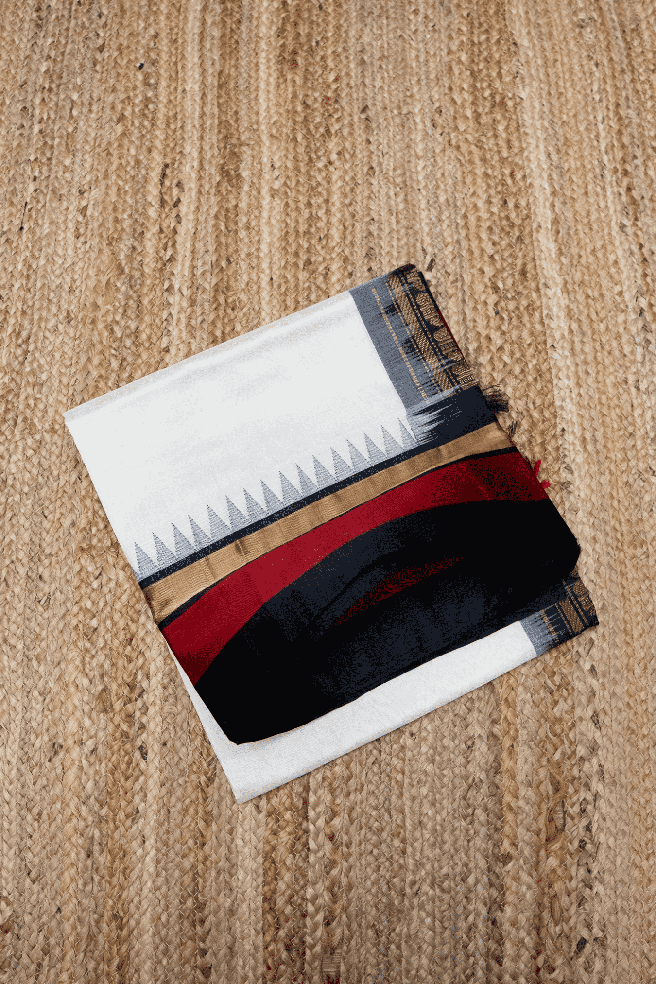 Pure Handloom Korvai Silk Cotton Saree in Pearl White and Red Black with Temple border  - 124