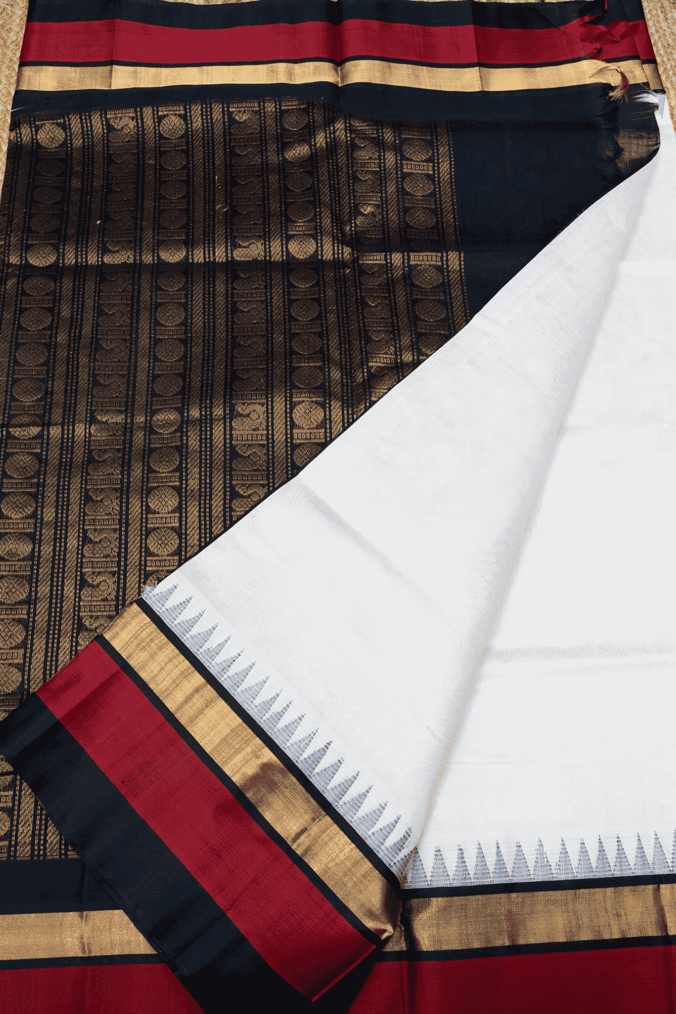 Pure Handloom Korvai Silk Cotton Saree in Pearl White and Red Black with Temple border  - 124