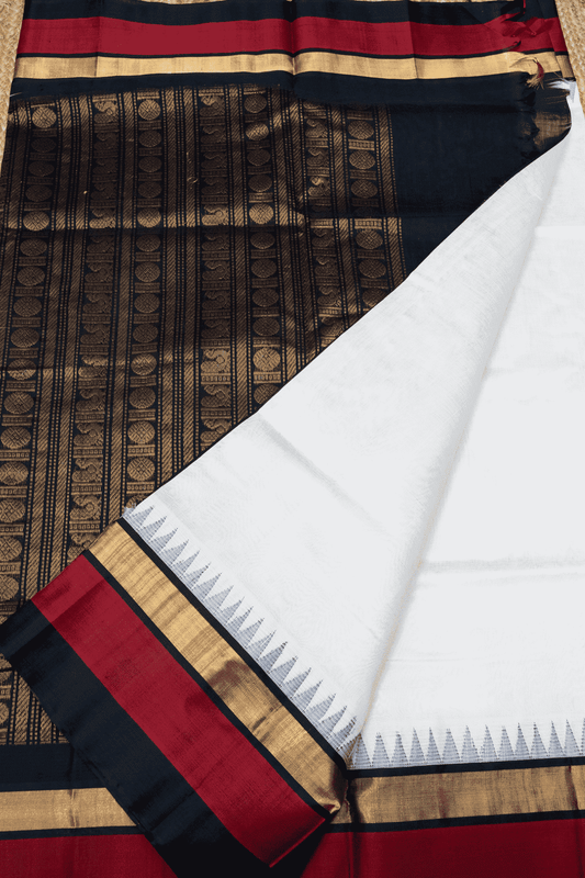 Pure Handloom Korvai Silk Cotton Saree in Pearl White and Red Black with Temple border  - 124