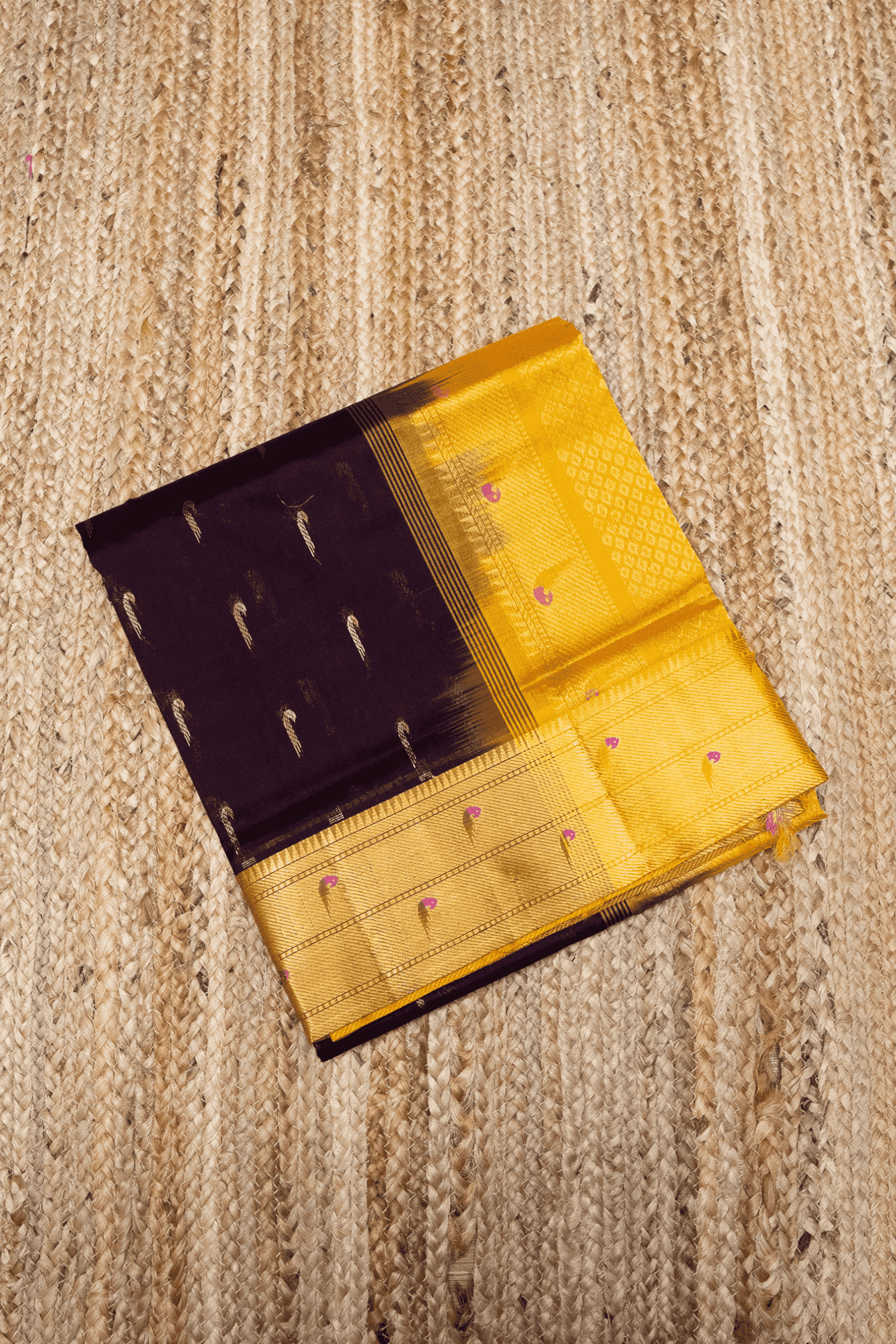 Pure handloom Korvai Silk Cotton Paithani inspired Saree in Dark Brown and Golden Yellow Border - 126
