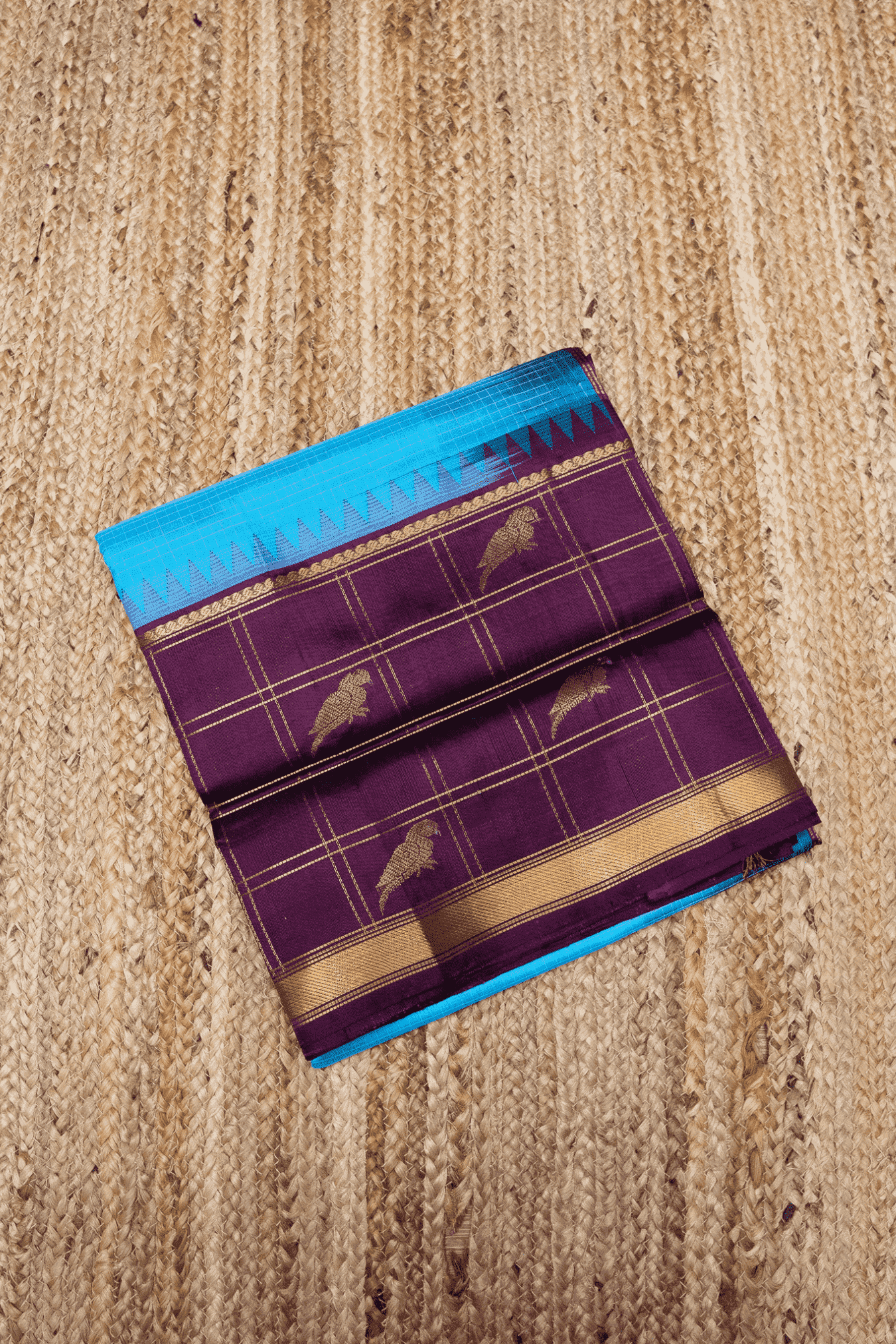 Pure Handloom Korvai Saree | Parrot motifs On Zari Checks | bright Blue