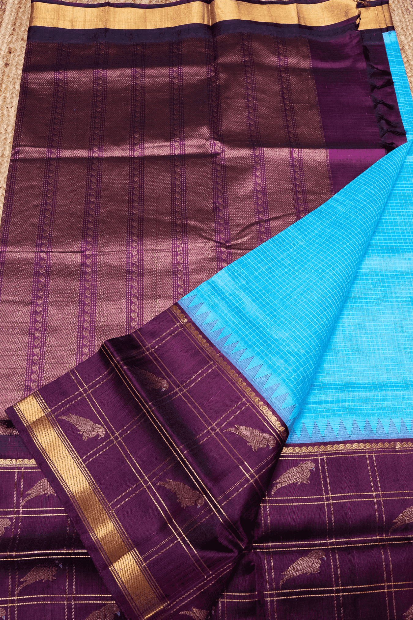 Pure Handloom Korvai Saree | Parrot motifs On Zari Checks | bright Blue