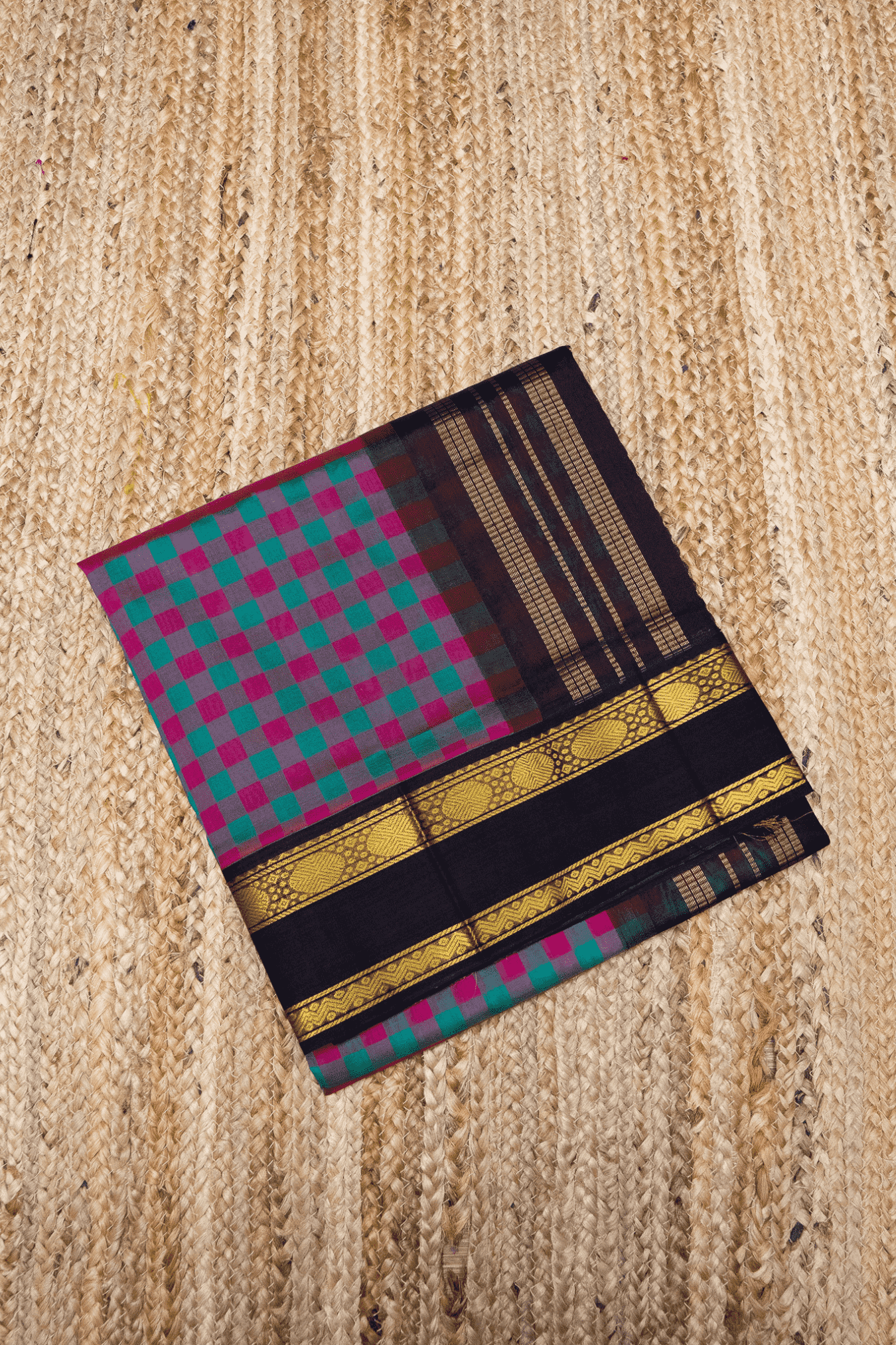 Pure Handloom Korvai Saree | Pink and Green Checks