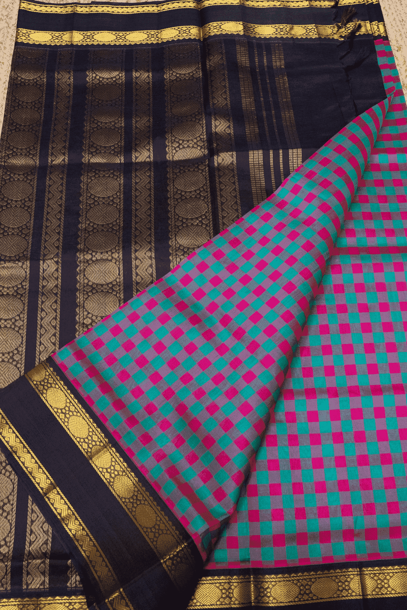 Pure Handloom Korvai Saree | Pink and Green Checks