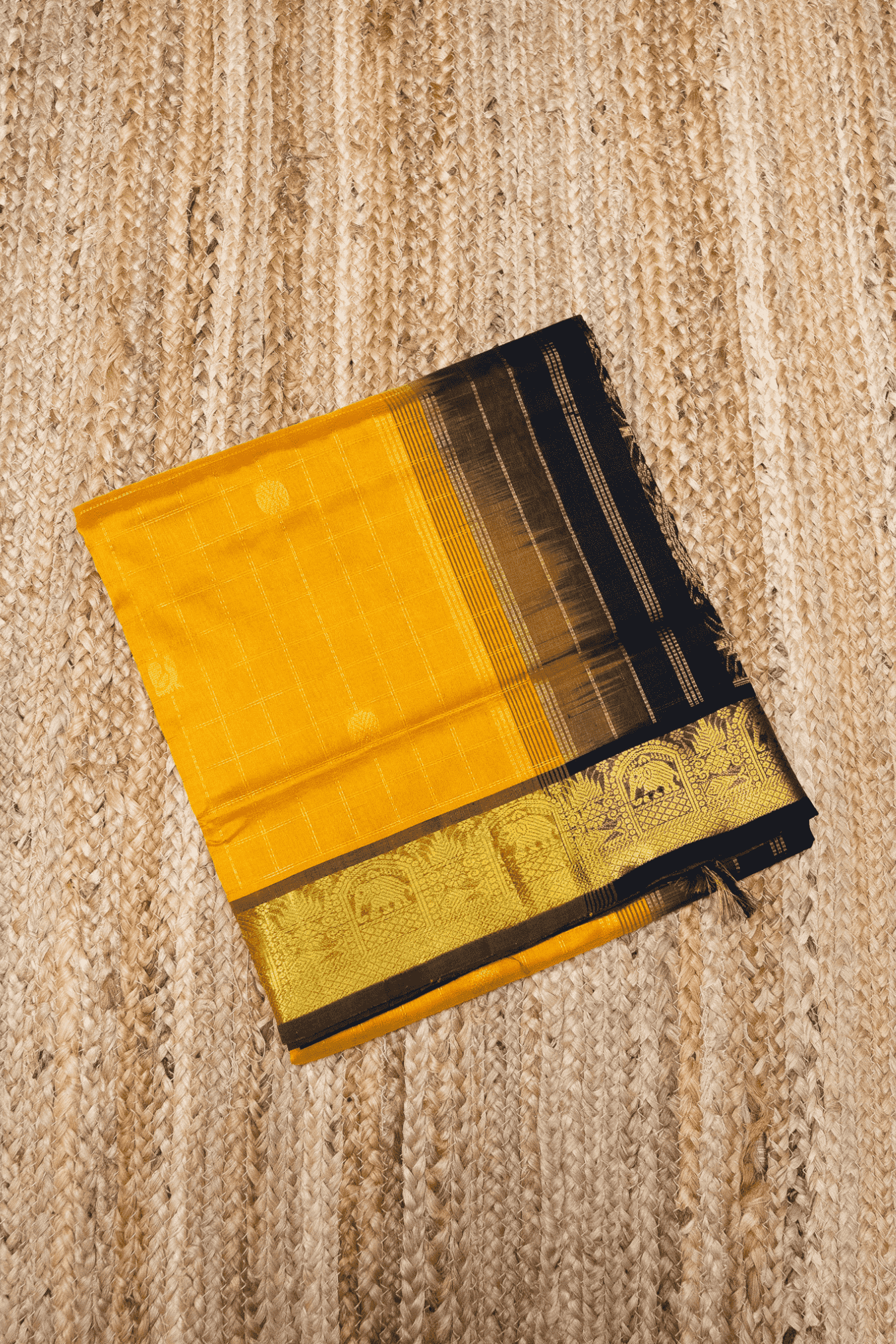 Pure Handloom Korvai Saree in Golden Yellow & Black Border In Zari Checks- 139