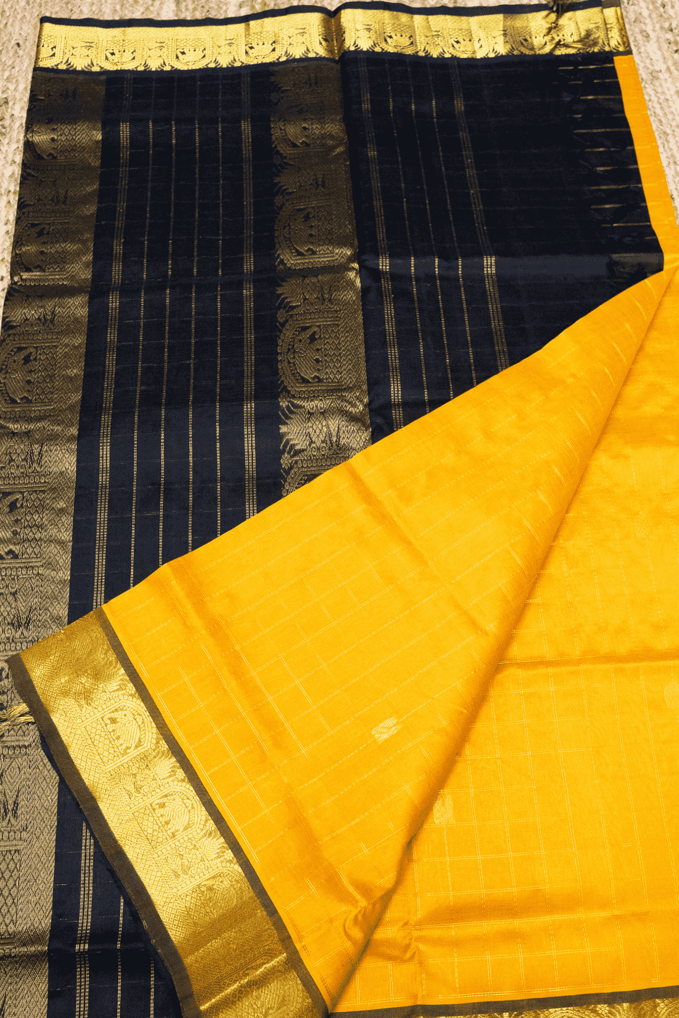 Pure Handloom Korvai Saree in Golden Yellow & Black Border In Zari Checks- 139