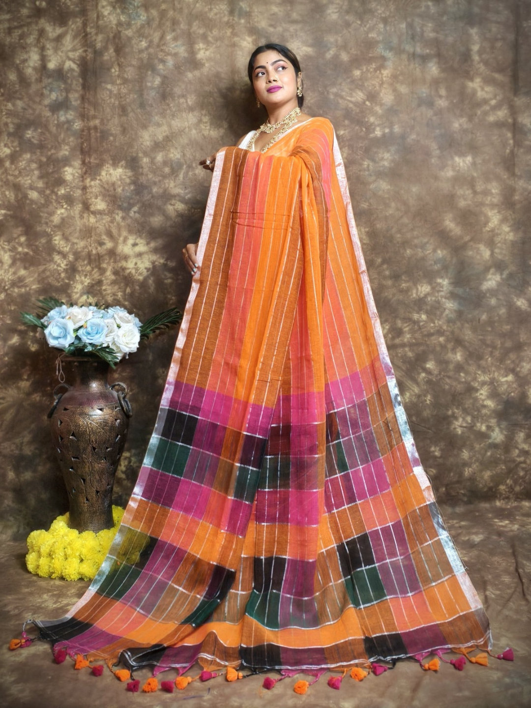 Handloom Handloom Linen Saree  |  Burnt Orange