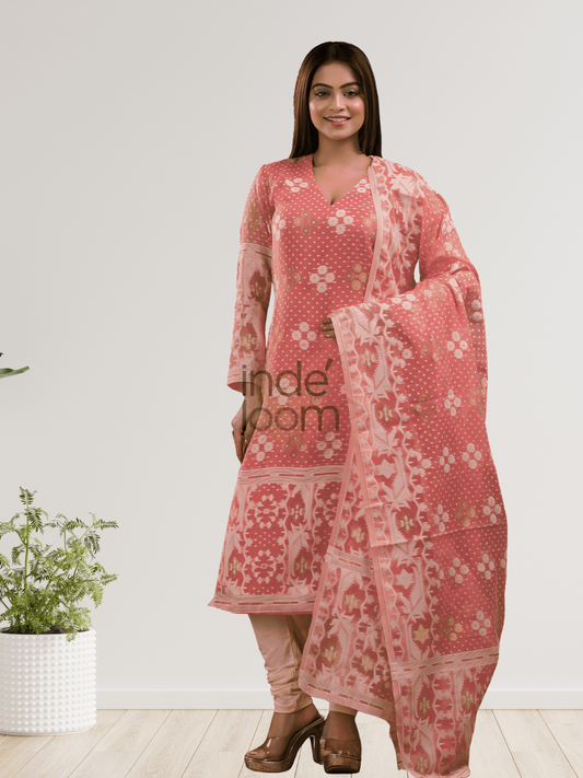 Coral Pink Cotton Silk Jamdani 2-Piece Set Kurti & Dupatta (UNSTITCHED) - 376
