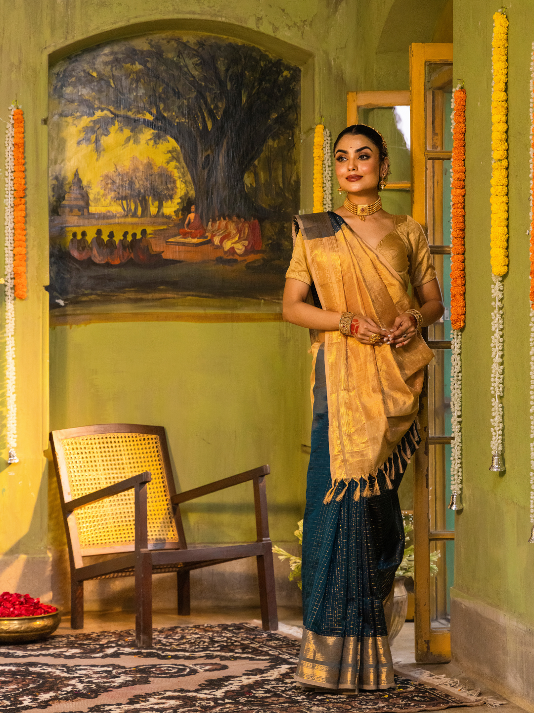 Pure Handloom Korvai Saree | Teal Blue and Golden Yellow