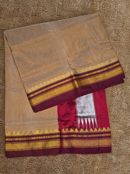 Pure Ilkal Saree With Golden Beige and Deep Maroon Border - 052