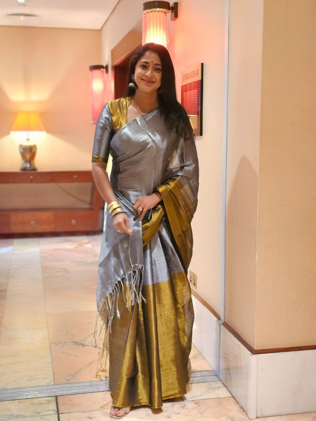Tissue Silk Saree in Gold and Grey Half and Half -046