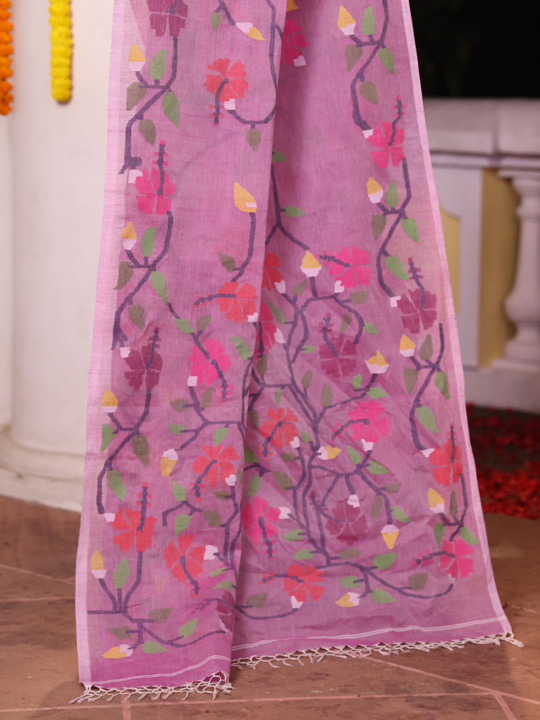 Handwoven Pure Jamdani Silk Cotton Saree  |  Baby Pink