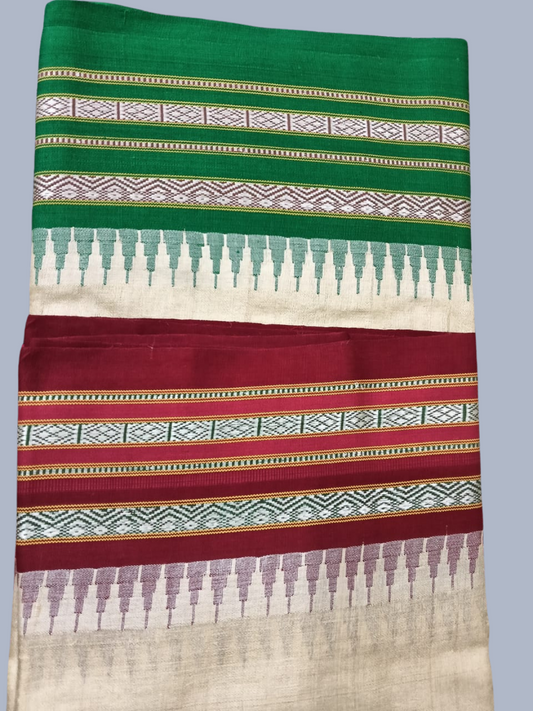Green Red Handloom Vidarbha Tussar Silk Saree with Multicolor Contrast Border -010